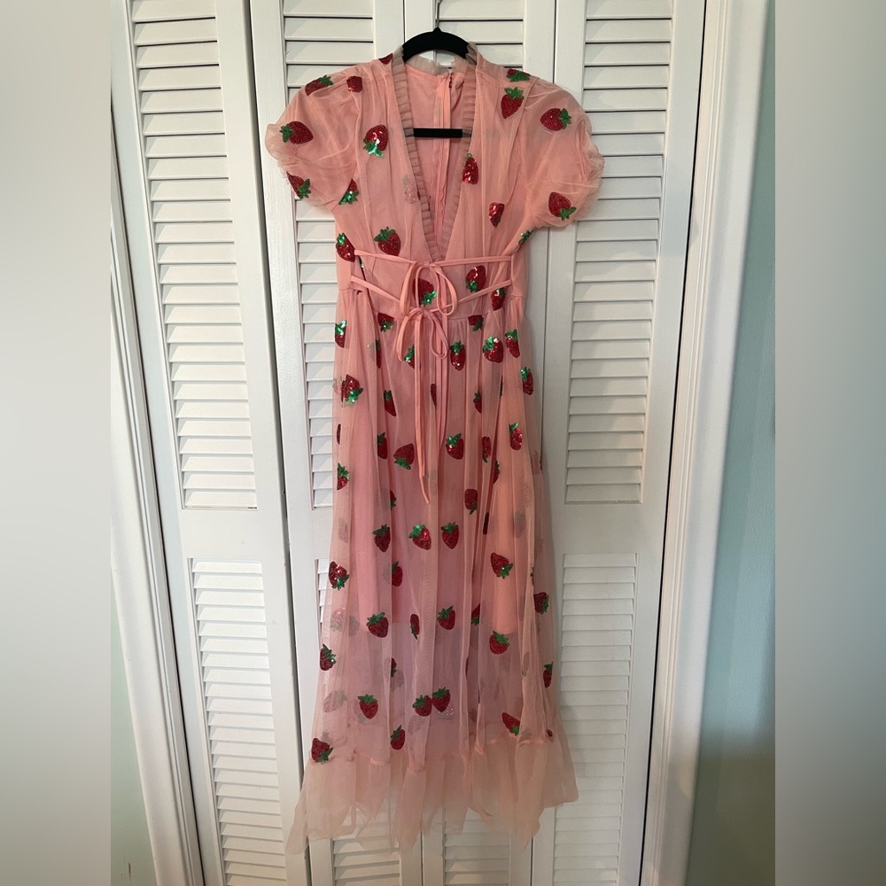 Long pink strawberry, midi dress